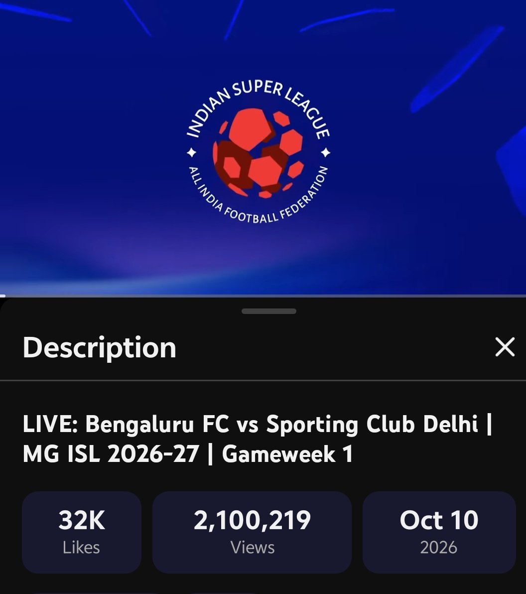 itzzAdithyan_11's tweet photo. ISL got 2 million views for the first match! 📈🔥 A great start to the new season.
#ISL #IndianFootball #ISL2026
#BFCVSSCD https://t.co/GK6067UOUa