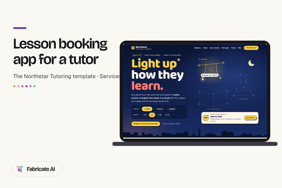 FabricateAi's tweet photo. A private tutor books lessons by text and keeps homework in a notebook.

In Fabricate AI, copy the free Northstar Tutoring template and type: "Add lesson booking, progress notes and homework lists."

Students book at its own link. You sign in and see it all, saved. No code. https://t.co/0lxAf0Ptnt