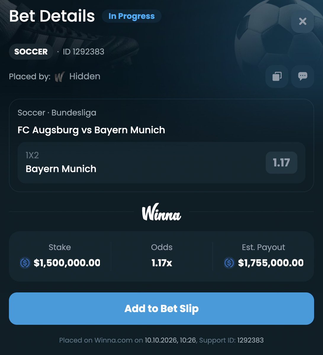 Winna's tweet photo. This user bet $1.5m on Bayern to win and Augsburg scored in the 1st minute.

Can Kane &amp; Olise turn it around? https://t.co/PJ4ZvdizuR
