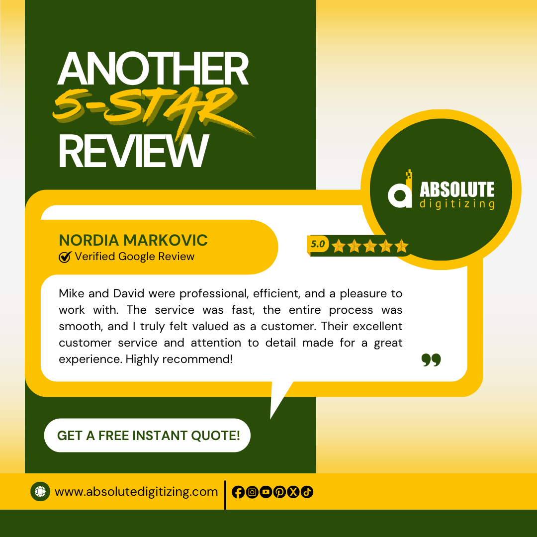 Emb_Digitizing's tweet photo. Another Happy Customer!

Fast service, smooth communication, and attention to detail, that’s what we strive for at Absolute Digitizing!

Thank you for the wonderful 5-star review and your trust in our team!

Get your free instant quote: https://t.co/MrsjtfdxxF https://t.co/E4mR2VryaG