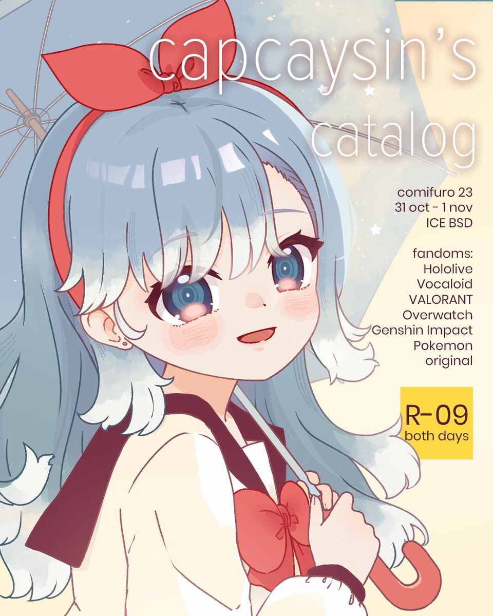 capcaysin's tweet photo. [♡ &amp; RT appreciated!]
capcaysin #CF23 catalog is up!! ✨🌻

📍 R-09 sop kucing
🗓️ mail order: 10-18 oct (link in replies)

hololive, vocaloid, valorant, overwatch, genshin impact, pokemon, original

#comifuro23 #cf23catalogue https://t.co/D5oj6fiHq4