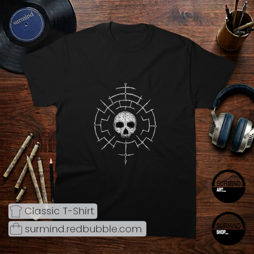 surmindshop's tweet photo. Embrace the dark aesthetic... 💀☠️

Add some occult edge to your wardrobe with this distressed skull tee. Features a cracked skull framed by a mystical rune on a classic black fit.

Shop: https://t.co/opRi6cRLJl

#DarkArt #SkullTShirt #GothicStyle #OccultArt #Redbubble #Surmind https://t.co/PSPXcMf1MA