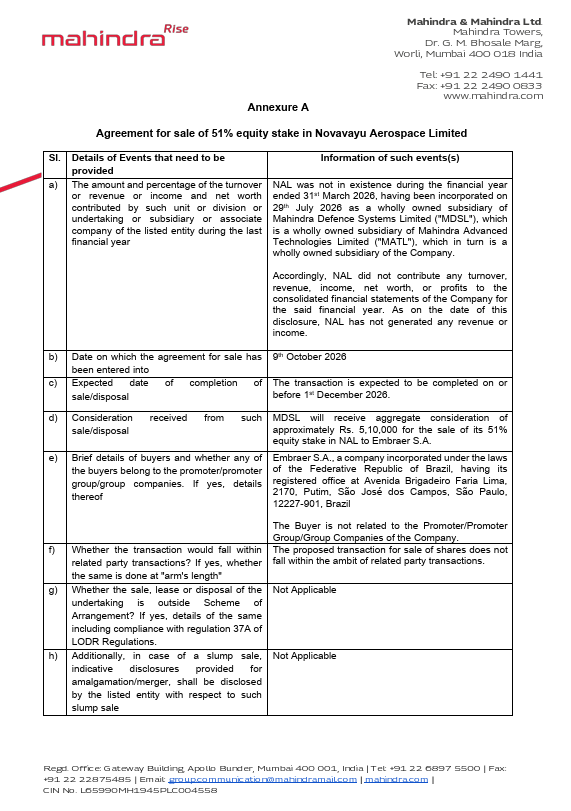 ANI's tweet photo. Mahindra &amp; Mahindra Ltd. (M&amp;M) has announced that Brazil’s Embraer S.A. will acquire a 51% equity stake in Novavayu Aerospace Limited (NAL), a step-down wholly owned subsidiary of M&amp;M. https://t.co/VMOo9wTC9S