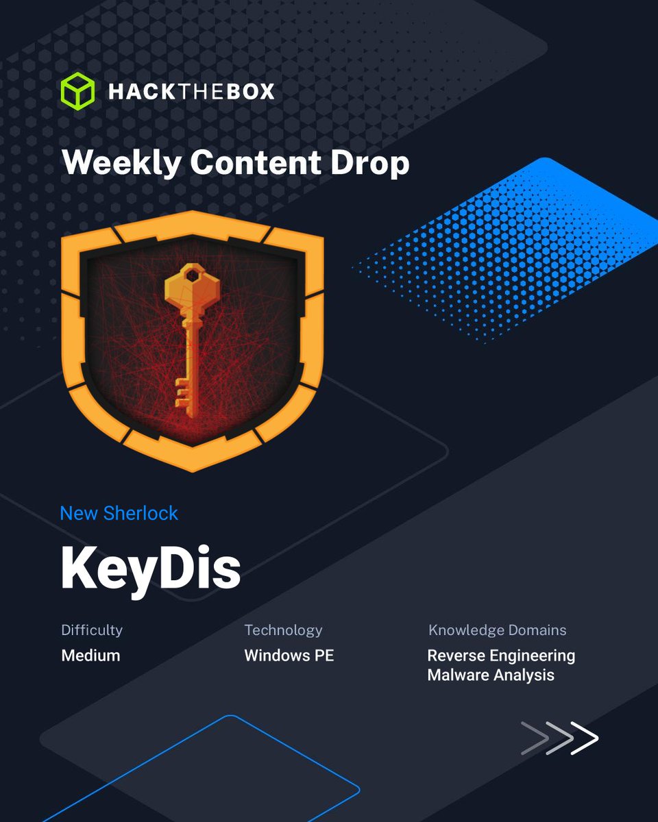 hackthebox_eu's tweet photo. Fasten your seatbelts: Special Season AERO is keeping the altitude high with another fresh weekly drop 🪂

What's new on HTB Labs:

1️⃣ Stream (Seasonal Machine | Medium)
OS: Linux
Creator: 7u9y

2️⃣ 16 New Sherlocks from LetsDefend 🫆 Free to play for a limited time!

3️⃣ KeyDis (Sherlock | Medium)
Category: Reverse Engineering / Malware Analysis
Creator: m7mad2

4️⃣ GroundControl (Challenge | Medium)
Category: Hardware
Creators: C3TUS & khalidfpv

Ready to clear for takeoff?

🔗 Play now >>> https://t.co/1jbclRFnrC

#HackTheBox #HTB #WeeklyContentDrop #HTBAERO #CyberSecurity #RedTeaming #LetsDefend #DFIR