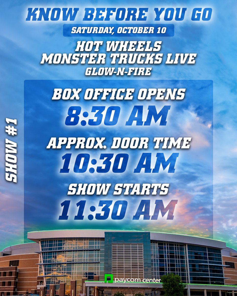 PaycomCenter's tweet photo. IT STARTS TODAY! 🚨🔥 Hot Wheels Monster Trucks Live™: Glow-N-Fire rolls into #PaycomCenter! Here’s everything you need to know before the show, from monster trucks to FMX stunts and a fire-breathing, car-crushing robot dinosaur!

#405LIVE | #OKC | #HotWheelsMonsterTrucks https://t.co/d4vXMHX4kL