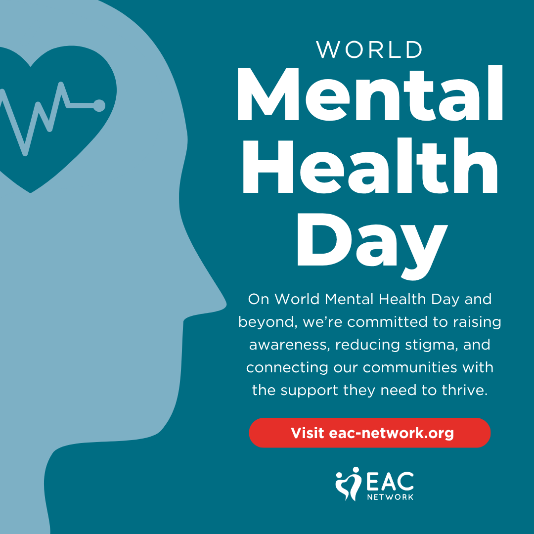 EACNet's tweet photo. October 10 is World Mental Health Day, a time to recognize the impact mental health and mental illness can have on individuals, families, and communities.  

Visit https://t.co/5aJSc8LvcR to learn more about how we promote well-being and create pathways toward healthier futures. https://t.co/4Ha8PClHMZ
