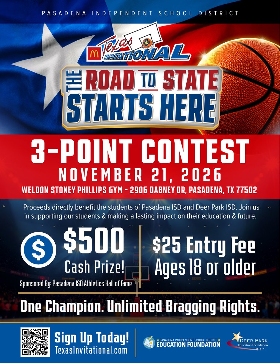 TXInvitational's tweet photo. 🏀 NEW this year at the McDonald's Texas Invitational!

The inaugural 3-Point Contest is here, sponsored by the Pasadena ISD Athletics Hall of Fame.

Calling all alumni, former players, weekend warriors, and anyone who still thinks they can knock down shots from deep.

💰 $500 Cash Prize
 📅 Nov. 21
 🏀 Ages 18+

Best of all, every entry helps make an impact beyond the court. Proceeds benefit the Pasadena ISD Education Foundation and Deer Park Education Foundation, helping fund classroom projects, teacher grants, and opportunities for students.

One Champion. Unlimited Bragging Rights.

Register today at: https://t.co/P1ZlF4KawD

#MTI2026 #RoadToStateStartsHere #TexasInvitational #PasadenaISD #SupportEducation