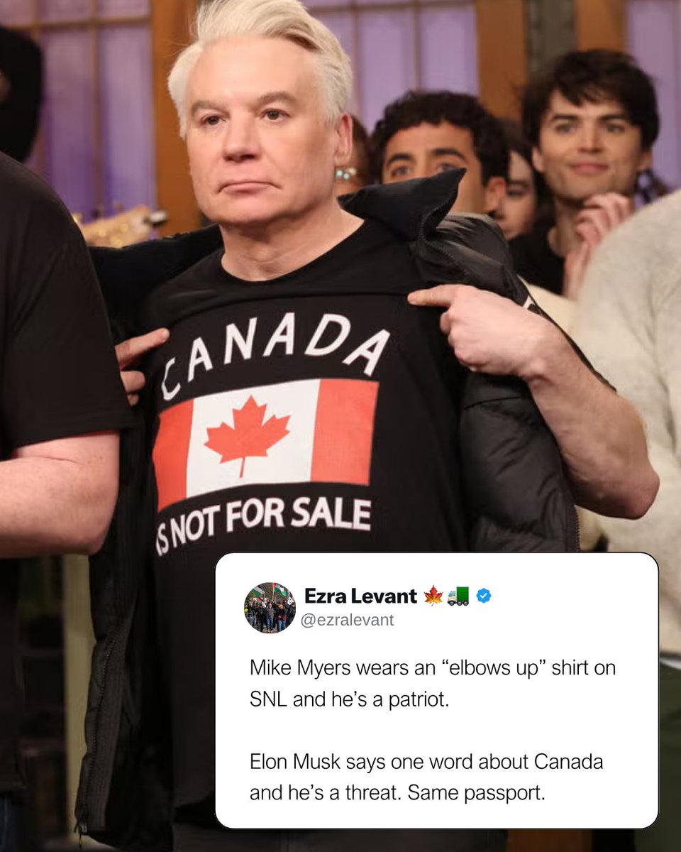 ezralevant's tweet photo. Two Canadians living in America. Only one is allowed to talk.

Mike Myers, born in Scarborough, put on a “Canada is not for sale” shirt on Saturday Night Live and the media called him a hero.

Elon Musk holds Canadian citizenship through his mother. 

When he criticizes Ottawa, he’s a “foreign billionaire.”

Same citizenship. Same address. Different opinion.