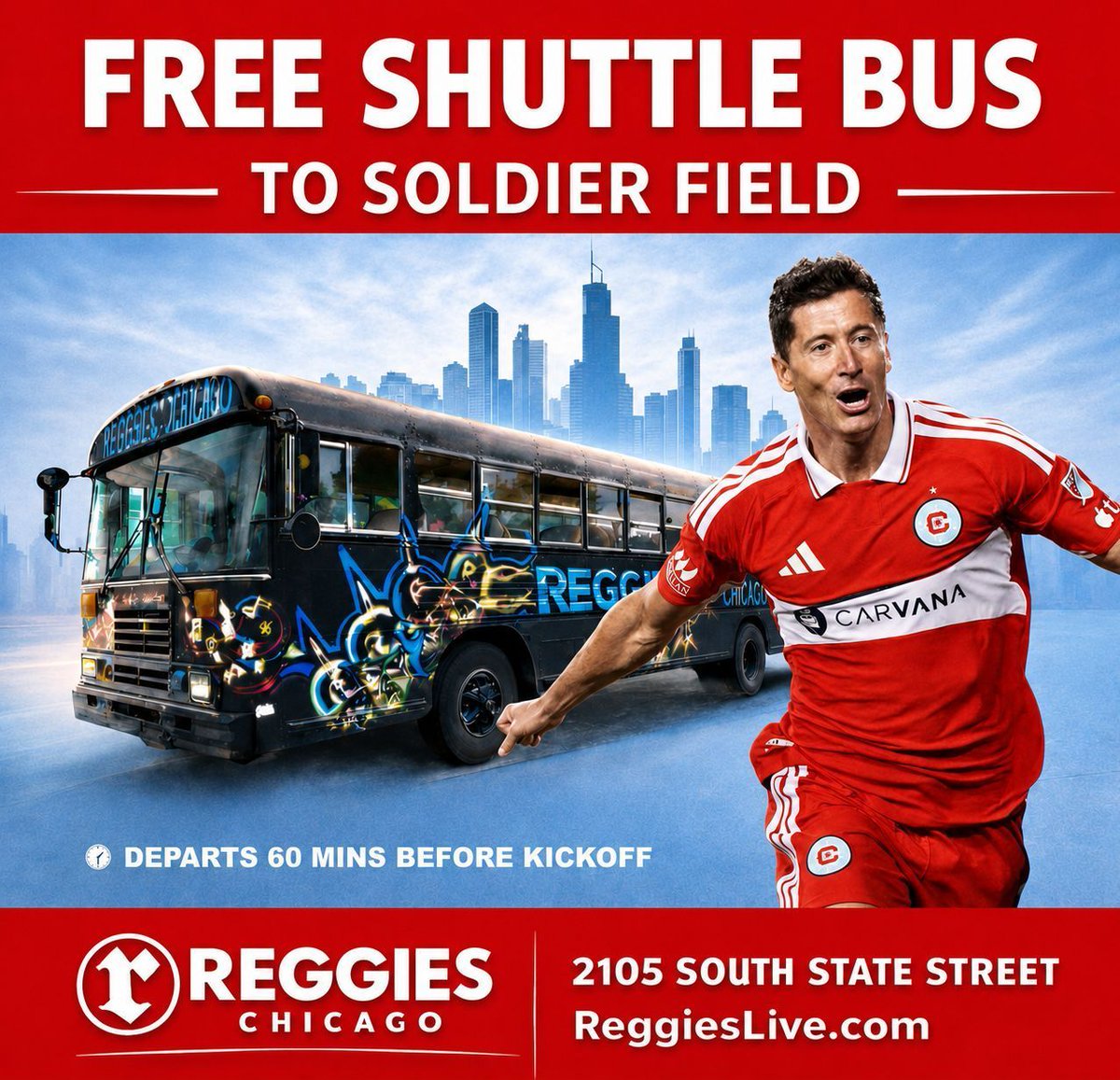 CF97Travel's tweet photo. 🚨 TODAY (10/10/2026) 

Ride the FREE roundtrip shuttle bus 🚌 from Reggies to @SoldierField 🏟️ for the @ChicagoFire 🆚 @NewYorkCityFC match!

⏰ Departs at 12:30 PM
📍 @ReggiesLive
🔗 https://t.co/Pmb5iNAk6q

#cf97 #PubToPitch #NYCFC #CHIvNYC #Pub2Pitch #vamosfire https://t.co/dEMritWgiS