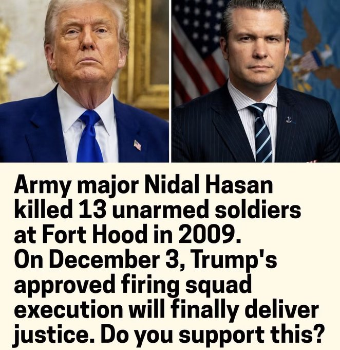 Taryn018Kis_'s tweet photo. Army major Nidal Hasan killed 13 unarmed soldiers at Fort Hood in 2009. The claim on this picture is that a firing-squad execution is set for December 3. Do you support that? https://t.co/QktDD5DJwl
