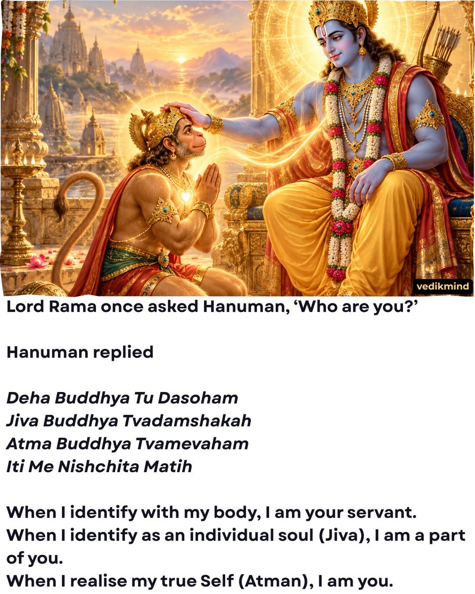 vedikmind's tweet photo. When Lord Rama asked Hanuman, 'Who are you?', his answer revealed a profound truth of Vedanta.

At the level of the body, I am your servant. As an individual soul, I am a part of you. But as the pure Self, I am one with you.

Hanuman's wisdom reveals how devotion ultimately leads to the realisation of oneness with the Divine.

#Hanuman #LordRama #AdvaitaVedanta #SpiritualWisdom #BhaktiYoga