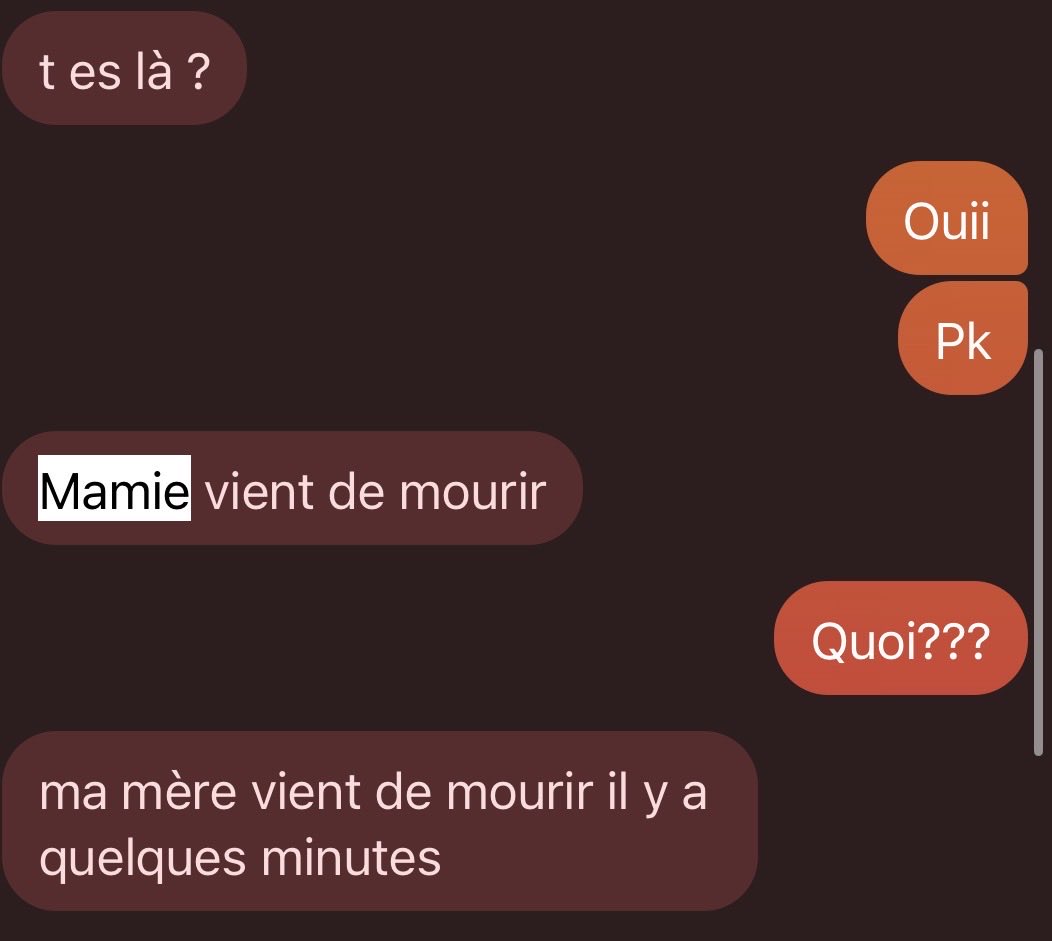 meowchouu's tweet photo. Parfois je dors et j’me rappelle comment ma mère m’a annoncé le départ de ma grand mère il était 00:00 mdrrrrrr et une bonne nuit https://t.co/f8mkmocJ9t