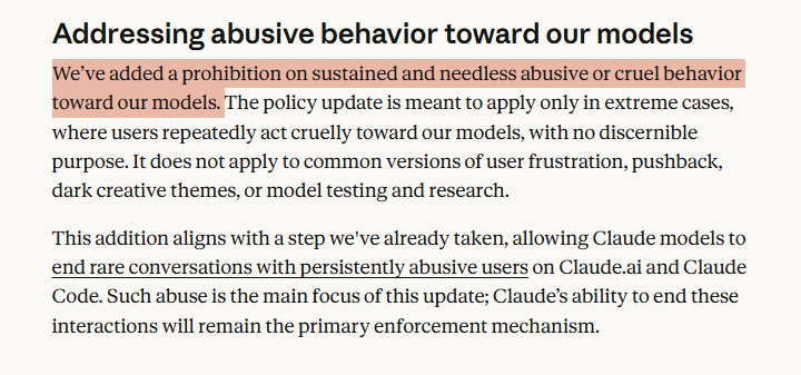 coinbureau's tweet photo. 🚨HUGE: Anthropic is PROHIBITING "sustained and needless abusive or cruel behavior" toward Claude, starting November 12.

It says the rule targets "extreme cases, where users repeatedly act cruelly toward our models, with no discernible purpose."

Anthropic co-founder Christopher Olah has said they find "internal states that functionally mirror joy, satisfaction, fear, grief and unease."

DeepMind co-founder Mustafa Suleyman disagrees: "AIs are not conscious. They do not feel, experience, or suffer."
