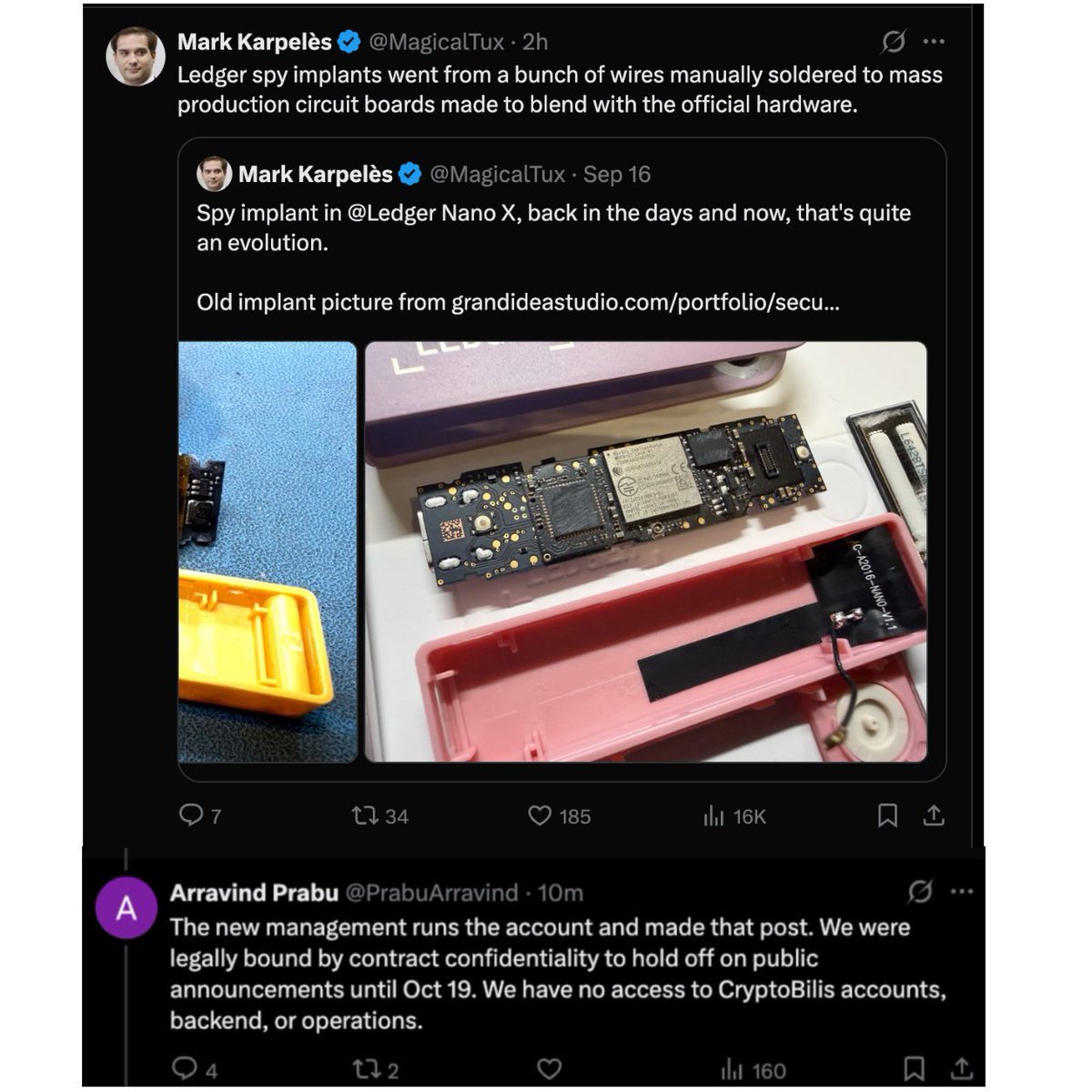 Crypto_Shahi's tweet photo. OMG 💀 this is getting scary ⚠️

🚨 $86M+ in suspected crypto losses. A hardware wallet supply-chain scare.

The scary part? A wallet can look genuine and still be compromised.

Here's what every crypto holder needs to know about the @Ledger CryptoBilis incident 🧵👇

WHAT HAPPENED?

Ledger is investigating reports of crypto losses linked to devices sold by CryptoBilis, a Southeast Asian reseller.

• On-chain investigators estimate losses exceed $86M
• $BTC, $ETH and $TRON wallets are reportedly affected
• Ledger has asked the reseller to pause sales and shipments

⚠️ The total losses and exact attack method remain unconfirmed.

🔴THE MOST DISTURBING THEORY

Could a hardware wallet be compromised BEFORE it reaches you?

Reports allege that some Ledger Nano X devices contained physical modifications designed to blend in with the original hardware.

If a malicious implant can observe the screen during recovery-phrase setup, it could potentially capture your seed phrase.

Your device might still appear to work normally.

WHY AUTHENTICITY CHECKS MAY NOT BE ENOUGH

A genuine-looking device is not automatically a trustworthy device.

A normal authenticity check should not be treated as proof that every physical component is untampered.

That's the fundamental supply-chain risk: the attack could happen before the device reaches the buyer.

THE OWNERSHIP CONNECTION

CryptoBilis' former co-founders say the company was acquired in March 2026 and that they subsequently lost operational access.

They also say contractual confidentiality delayed the public announcement of the ownership change until October.

Online posts have raised questions about the new ownership.

But here's the important distinction:

❌ No verified evidence presented so far proves the new owner was involved in the alleged theft or that North Korea was behind it.

Don't turn speculation into fact.

WHAT SHOULD YOU DO RIGHT NOW?

If you bought a Ledger through CryptoBilis in the past 90 days:

🔴 Haven't set it up? Don't initialize it.

🟠 Already using it? Follow Ledger's official guidance and consider moving assets to a trusted, new signer with a freshly generated recovery phrase.

🔐 Never reuse a potentially compromised seed.

🚫 Never enter your recovery phrase into a website or share it with someone claiming to be support.

DOES THIS MEAN ALL LEDGER DEVICES ARE COMPROMISED?

No.

The reported investigation concerns devices linked to a specific reseller. It does NOT establish that all Ledger devices are compromised.

Ledger has not confirmed the precise attack mechanism or the final loss figure.

Stick to verified updates, not panic.

THE BIGGER LESSON

Self-custody isn't just about keeping your seed phrase private.

It also means trusting the device, its origin and the entire supply chain behind it.

A hardware wallet is only as trustworthy as the security assumptions you make about it.

🫵 Would you still buy a hardware wallet from a third-party reseller, even if it were officially authorized?

Or would you buy directly from the manufacturer?