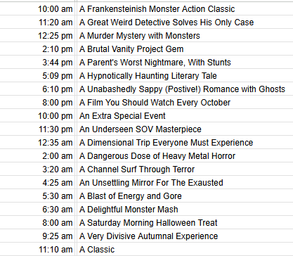 DeclouxJ's tweet photo. The 24-HOUR HORROR MOVIE MIND MELTER is happening right now at https://t.co/BV4Ex000jy. Here are the tentative screening times, with hints of what will be playing: https://t.co/0zMhgKn7X7