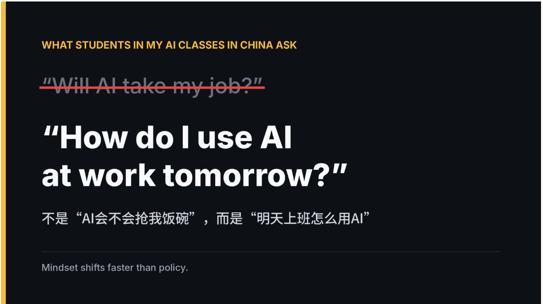 ShermanJoneAI's tweet photo. @Polymarket I run offline AI classes in China. The demand is real — students aren’t asking “will AI take my job”, they’re asking “how do I use it tomorrow at work”. That shift in mindset matters more than any policy. https://t.co/GZ8qvevVwJ