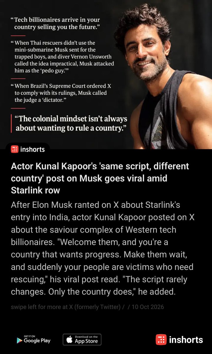 alokshankar2002's tweet photo. Actor Kunal Kapoor's 'same script, different country' post on Musk goes viral amid Starlink row
https://t.co/fYbR8VYBTX
 -via inshorts https://t.co/0j3RoTGvXf