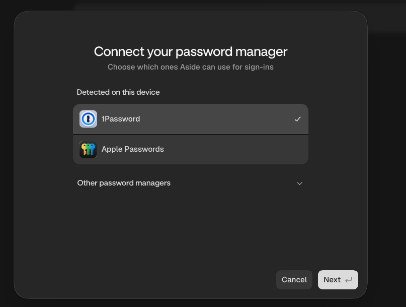 yangs_1009's tweet photo. I found a hidden feature from the @AsideAI team today. 
I use 1Password as my main password manager, so it felt like a burden to use Aside Password as well.
But when I visited the password site, I discovered that you can use an External Password in the Agent just the same. https://t.co/VLjPx4hMmf