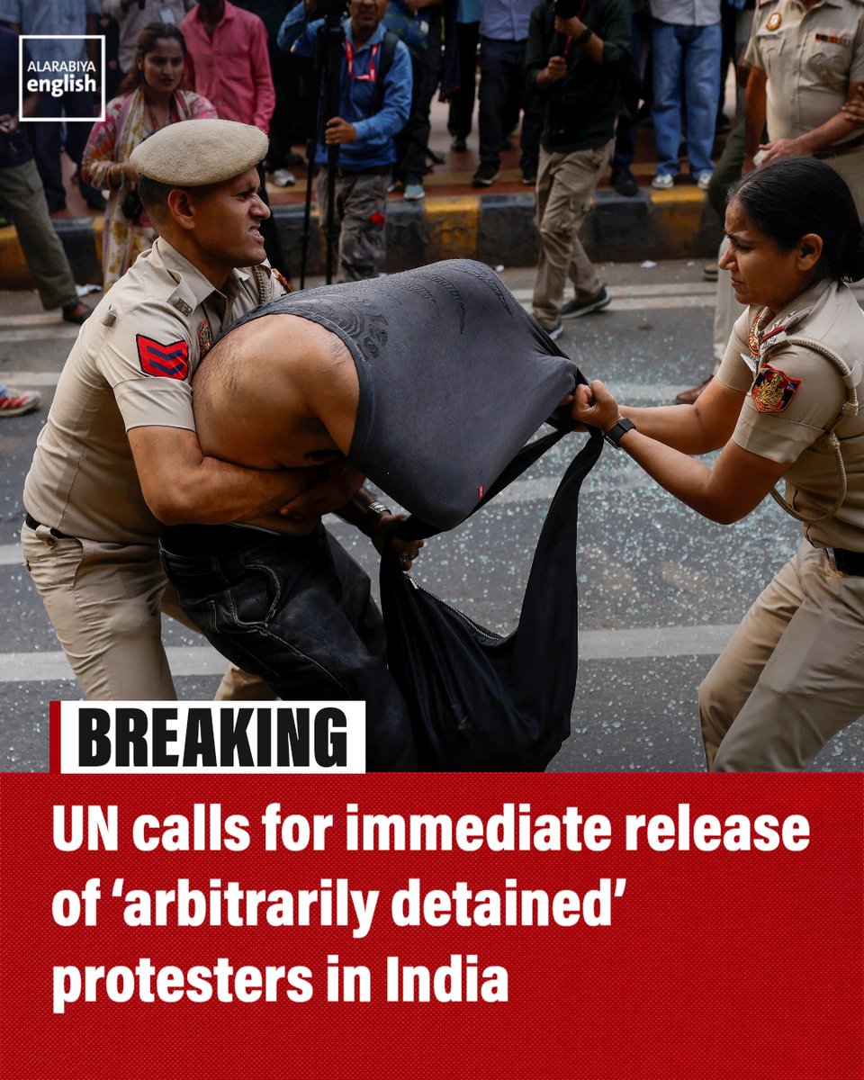 AlArabiya_Eng's tweet photo. 🔴 BREAKING: The United Nations has urged the immediate release of all people it says have been arbitrarily detained during protests in India. https://t.co/iEnuaZ7Bka