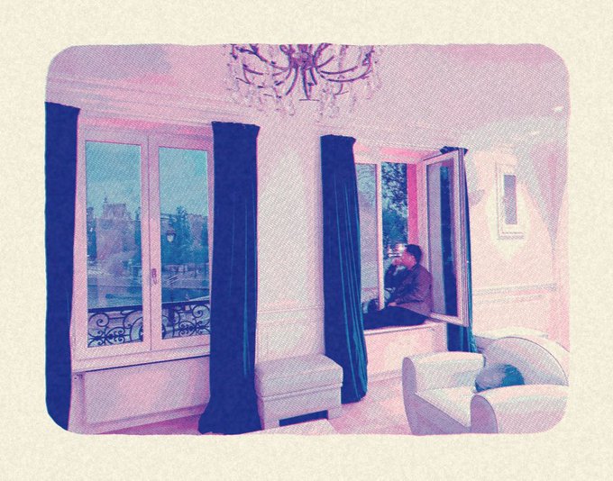 A filtered image shows a person sitting by an open window in a pink-toned room with a chandelier, looking out at a city view.