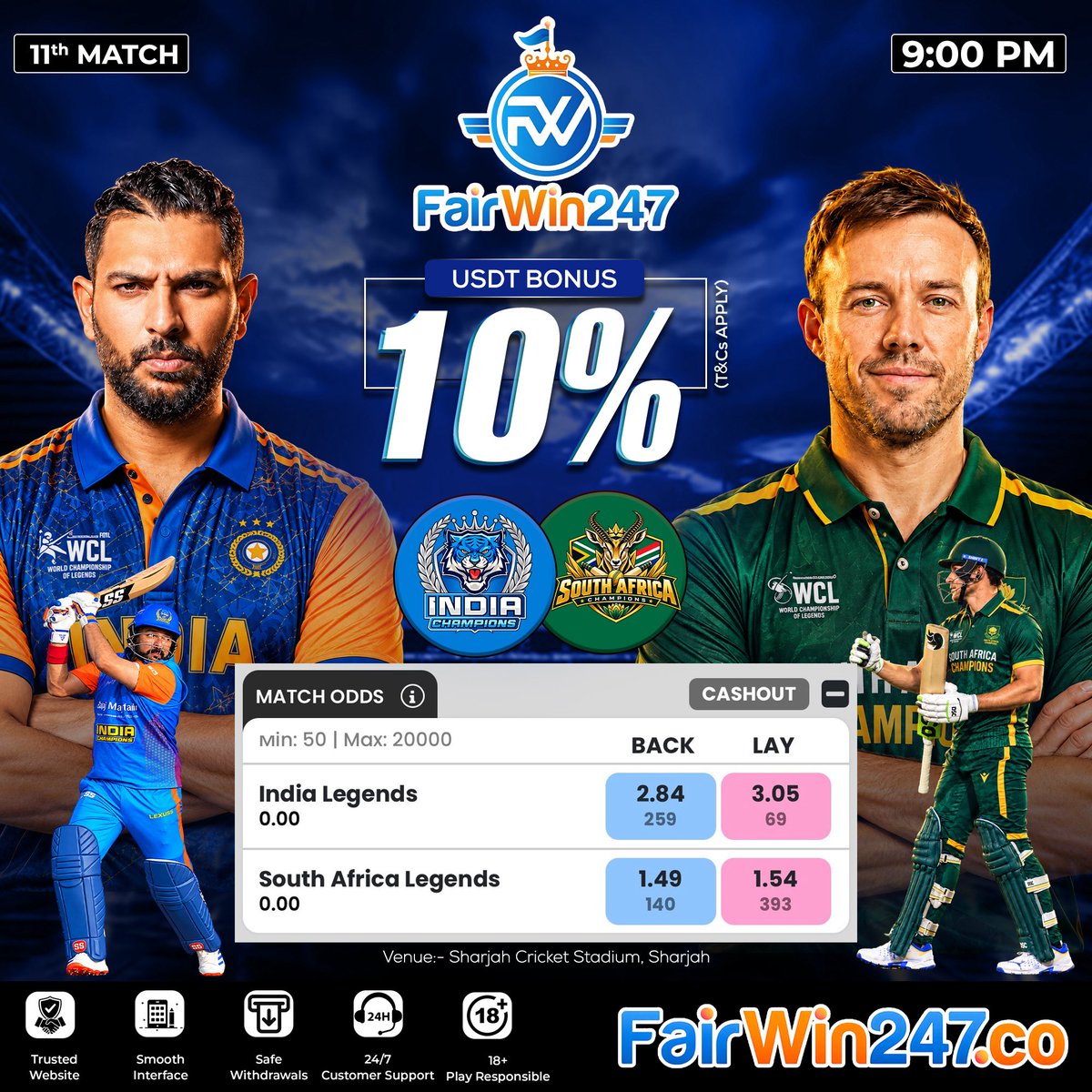 wristofvk's tweet photo. Two legends, one battle. India Legends take on South Africa Legends in the 11th match at Sharjah tonight. Who’s taking the win? 

Play at https://t.co/fBFthqyBSO 💸🔥 https://t.co/HaFm2yBTLO