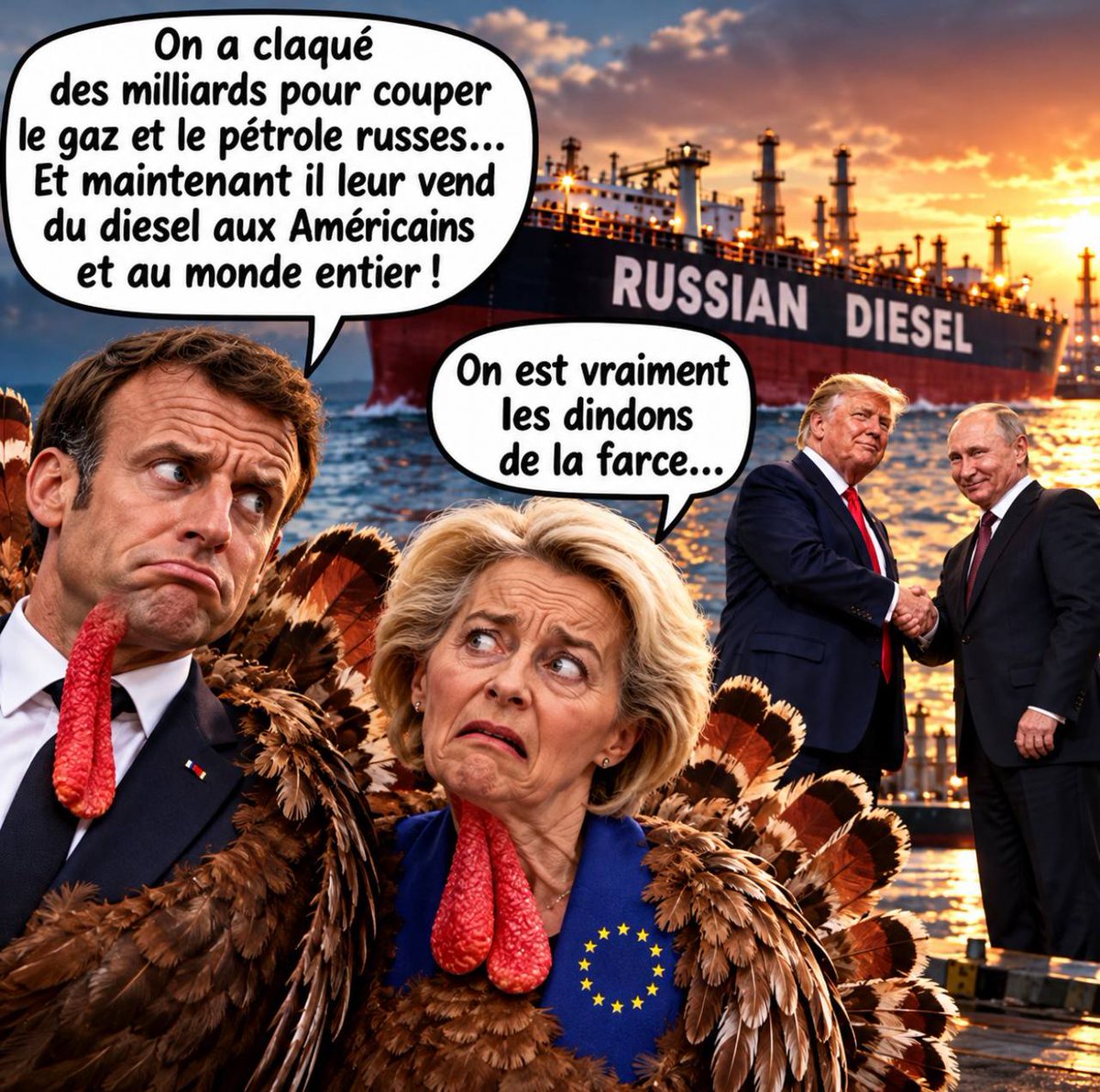 raymond28677463's tweet photo. 🤣🤣 La Russie est prête à livrer un volume supplémentaire de diesel sur le marché américain dès le mois d'octobre ; https://t.co/xyREAdv5Jl