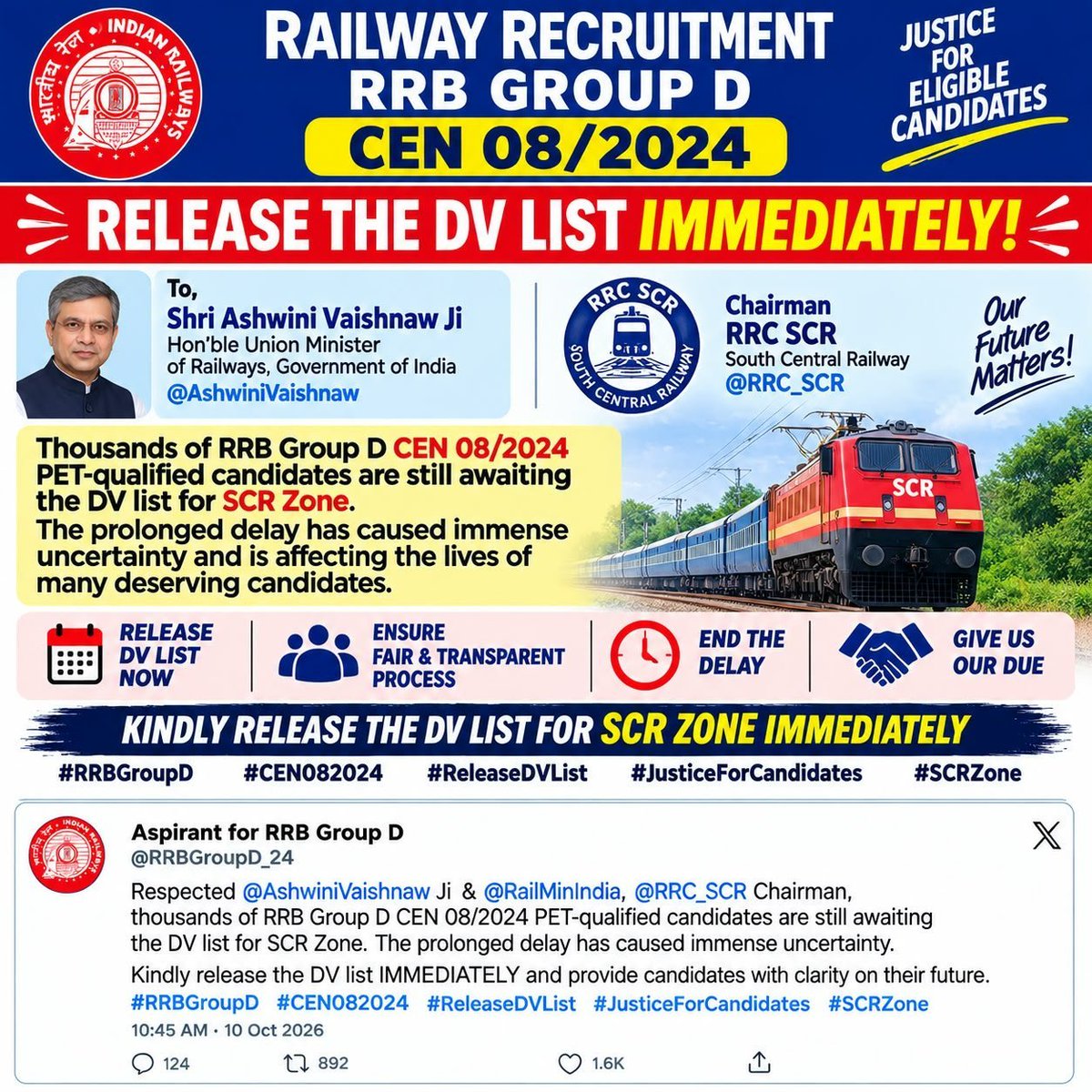 Meenusuzi123's tweet photo. Dear sir RRB Group D( level 1 ) CEN No.08/2024 DV result kab tak aayega
@RailMinIndia https://t.co/RVnvvuzLel
