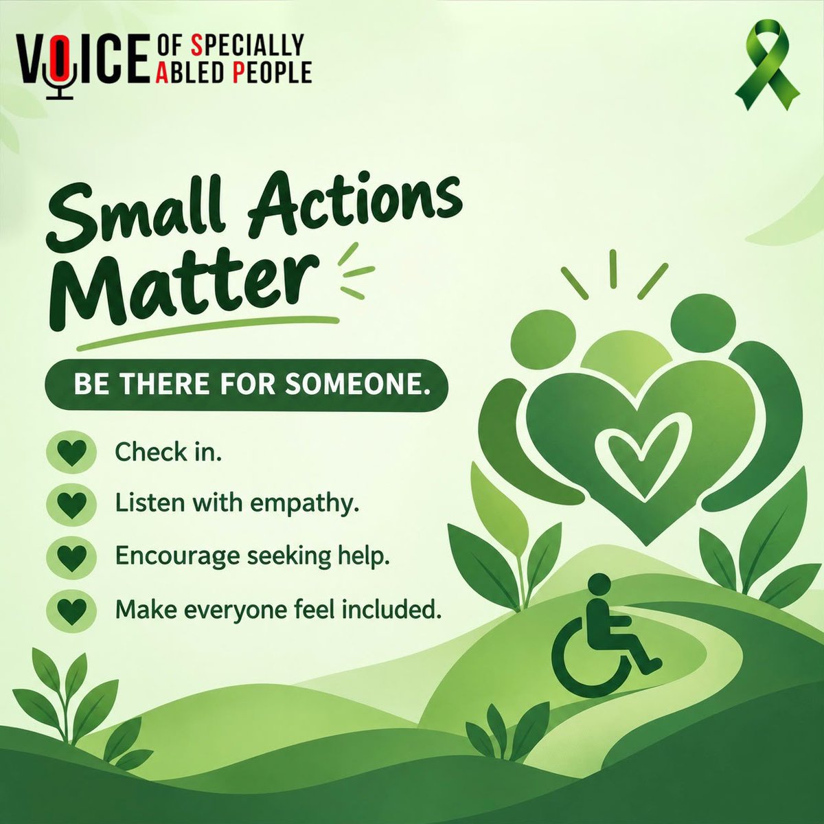 vosap2017's tweet photo. Every mind matters. Every person deserves care.
This #WorldMentalHealthDay, let’s go beyond accessibility to build a world where Specially Abled People feel heard, valued, and supported. 
Choose empathy.Challenge stigma.Make inclusion a part of everyday life.
#VOSAP #MentalHealth https://t.co/Weuq9QI4eU