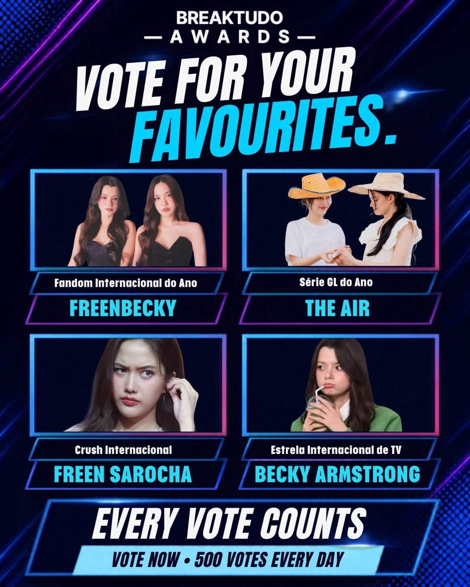 fbrankingvn's tweet photo. #freenbecky #srchafreen‌ #beckysangels‌
🌟BREAKTUDO Awards 2026 🌟
📆 10:00 AM on October 17 (BKK time)

7 DAYS LEFT

Remember to cast your vote, 500 votes/category kaaaaaaaaa!!!!!!!! 

📌Voting website: https://t.co/vdQutzM0Kj

1⃣ GL Series of the Year - The Air
🔗https://t.co/2B5tNcaba2

2⃣International Crush - Freen Sarocha
🔗https://t.co/sQoTEDUJgn

3⃣International TV Star - Becky Armstrong
🔗https://t.co/ssR7tMHHiy

4⃣International Fandom of the Year - FreenBecky
🔗https://t.co/O58eIIUfQT

✅ Free voting, unlimited.
✅ Click 5 times in a row to vote 5 votes
✅Watch guideline video in quoted post

- With @WikiFreenBecky @FreenBecky_Data
@centralfb_br -