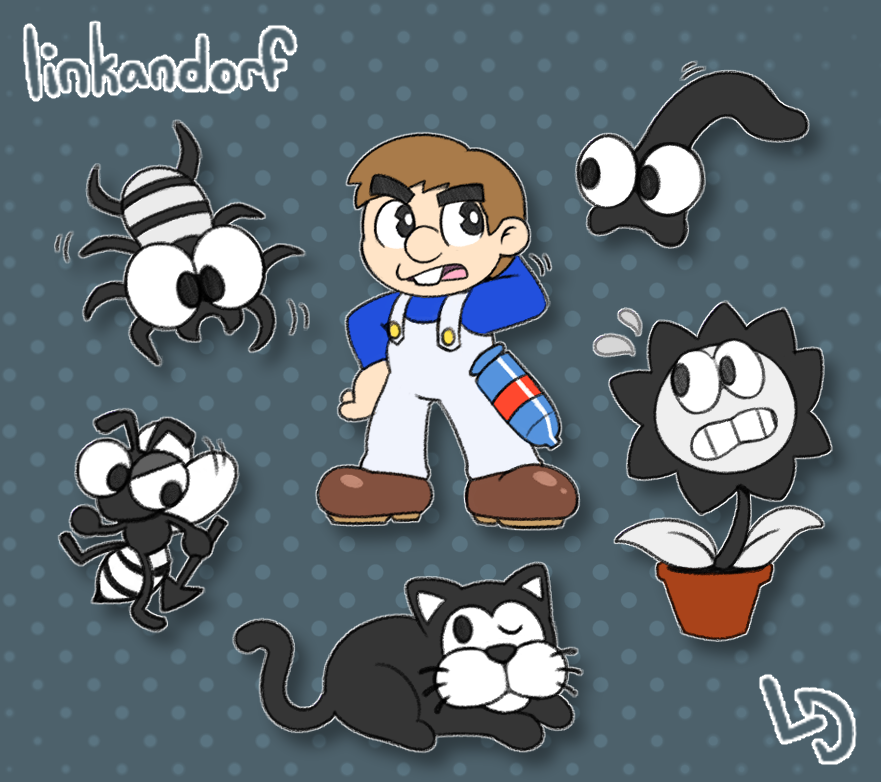 everymariochara's tweet photo. Game #4 - Greenhouse (Game &amp; Watch, 1982)

[COMPLETE!] - [+6 Characters]

[Total: 25 Characters]

Stanley and the Greenhouse crew join the party! Not the Mario-est game, realistically, but that's never stopped me before. https://t.co/Z6eWvJMLcY