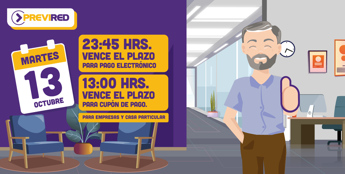 PreviRed's tweet photo. 📅 ¡Anticípate! El próximo martes 13 de octubre vence el plazo para el pago de cotizaciones.

 Recuerda que el cierre a las 23:45 hrs. para pagos electrónicos corresponde a un horario excepcional 💻.

Revisa más información aquí 👉 https://t.co/vo8u3L0kub https://t.co/5B0MH07hp6