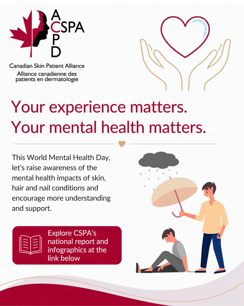 CanadianSkin's tweet photo. World Mental Health Day is Oct 10 : CSPA’s "Under My Skin" national report explores how dermatological conditions can affect mental health, self-esteem, relationships and everyday life.
Read the report, explore the infographics: https://t.co/HWd9pSDER9 https://t.co/W7BMFnCHbP