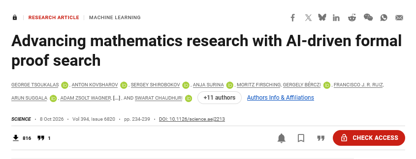 Dr_Singularity's tweet photo. Another big AI math drop. This time from Google DeepMind

Google DeepMind’s AlphaProof Nexus AI solved mathematical questions that had resisted progress for decades.

The system autonomously resolved 9 of 353 open Erdős problems, including 2 that had remained unsolved for 56 years, and also proved 44👀 of 492 open conjectures from the Online Encyclopedia of Integer Sequences. 

It also resolved an open question in algebraic geometry and improved a known bound in min-max optimization.

The key: pairing an LLM’s ability to generate proofs with Lean’s formal verification. The AI proposes a proof, the checker tests every logical step, and failed attempts produce feedback for another try. Proofs must pass the checker to be accepted.

Researchers also tested a simpler approach. Repeatedly generating candidate proofs with an LLM and checking them in Lean, alongside their more sophisticated search framework.
