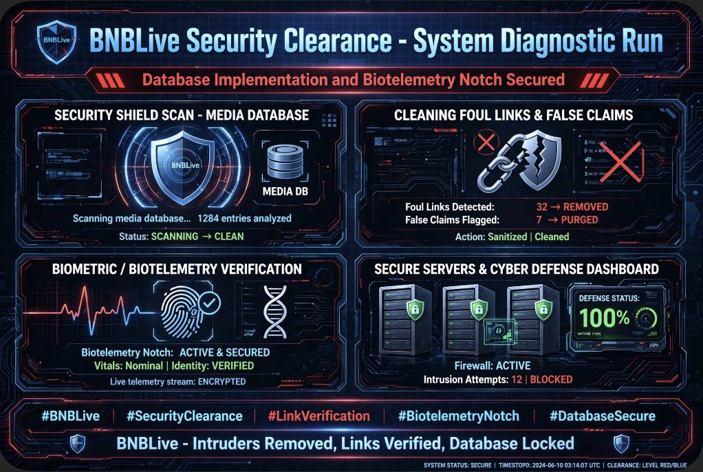 Bnblive0's tweet photo. #BNBLive #SecurityClearance #LinkVerification #BiotelemetryNotch #DatabaseSecure. https://t.co/xET5DCqtUY