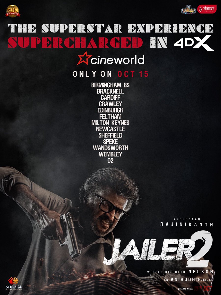 ahimsafilms's tweet photo. Tamil films rarely come to 4DX. Now the SUPERSTAR experience gets SUPERCHARGED with #Jailer2 🧨⚡️

Oct 15 ONLY at @cineworld. Feel every action block. Every THALAIVAR goosebump. This one demands to be experienced 🥵

@rajinikanth @Nelsondilpkumar @anirudhofficial @vidya_balan @iam_SJSuryah #SurajVenjaramoodu @meramyakrishnan @iYogiBabu @mirnaaofficial @vijaykartikdop @Nirmalcuts @ChethanDsouza @AlwaysJani @KiranDrk @sunilreddy22 #PallaviSingh @valentino_suren @Alagiakoothan #SantoshRaju @RIAZtheboss @sunpictures @ShlokaEnts @boleyncinemauk @vithurs_