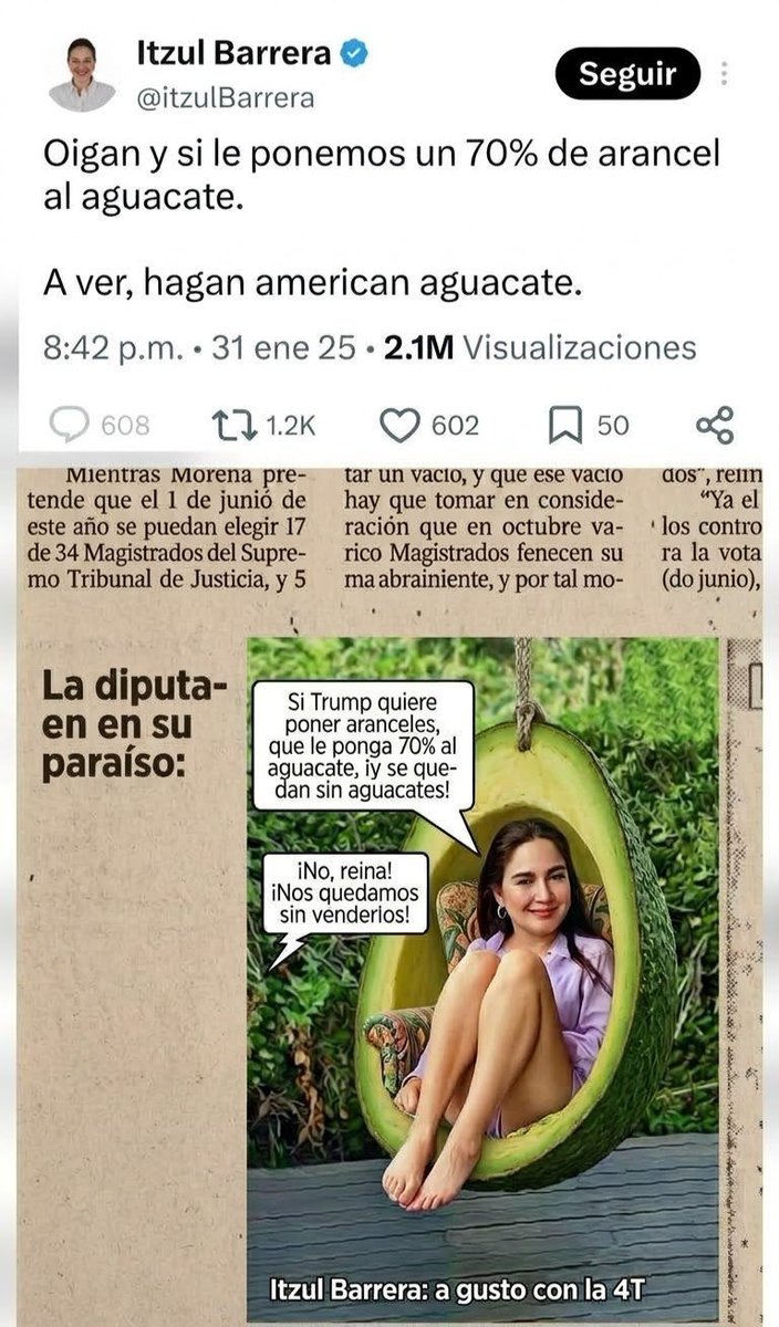 WritDenied's tweet photo. Ellos son los magistrados que sancionaron al caricaturista @paconavarre7e por el cartón de la diputada morenista Itzul Barrera (“la diputa- en su paraíso” con el aguacate).

🔴Emite resolución (Sala Regional Guadalajara @TEPJF_GDL) 
Todos del acordeón. Confirmaron por unanimidad:  
•Rebeca Barrera Amador @rebecabaram1  
•Irina Graciela Cervantes Bravo @Irinacervantes3  
•Sergio Arturo Guerrero Olvera @Magdo_SAGO  

🔴Confirma resolución (Sala Superior @TEPJF_informa)
Desecharon la demanda y dejaron firme la sanción:  
•Gilberto De Guzmán Bátiz García @gbatizg (Presidente)  
•Felipe de la Mata Pizaña @fdelamatap (propuso el desechamiento)  
•Claudia Valle Aguilasocho @CVAguilasocho  
•Felipe Alfredo Fuentes Barrera @FFuentesBarrera  
 •Reyes Rodríguez Mondragón @ReyesRdzM  

🔴También avaló el Tribunal Electoral de Jalisco (Marcela Zárate Llamas, •Brenda Judith Serafín Morfín @BrenJSM y Manuel Rodríguez •Murillo @manuelmurillo77).

🔴Responsables de la reforma judicial que entregó estos tribunales:
•AMLO y Claudia Sheinbaum.

Censura a la sátira y al periodismo, avalada en las tres instancias.  
#Censura #LibertadDeExpresión #Jalisco