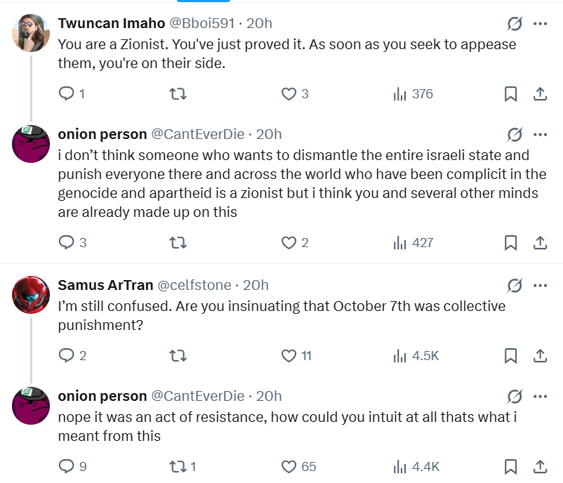 jessesingal's tweet photo. onion person is getting called a zionist because she slightly backed off from the idea that all israelis deserve murdering, so she has to double down on her claim that october 7th was justified to maintain her street cred. imagine being in a community like this https://t.co/Unba44UMUi