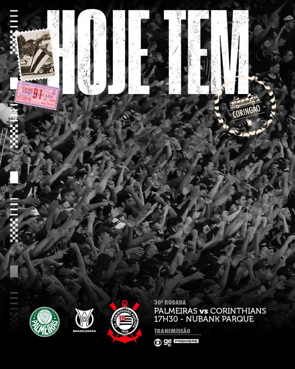 Corinthians's tweet photo. É DIA DE DERBY PELO CAMPEONATO BRASILEIRO! 🏴🏳️

🎶 É O JOGO DA VIDAAAAA.. 🎶

⚽ Palmeiras x Corinthians
🏆 Brasileirão (30ª rodada)
⏰ 17h30 (horário de Brasília)
🏟️ Nubank Parque
📺 Globo, Premiere e GETV
🖥️ Dia de Corinthians (pré-jogo: 16h10 | narração: 17h30)

#PALxSCCP
#VaiCorinthians