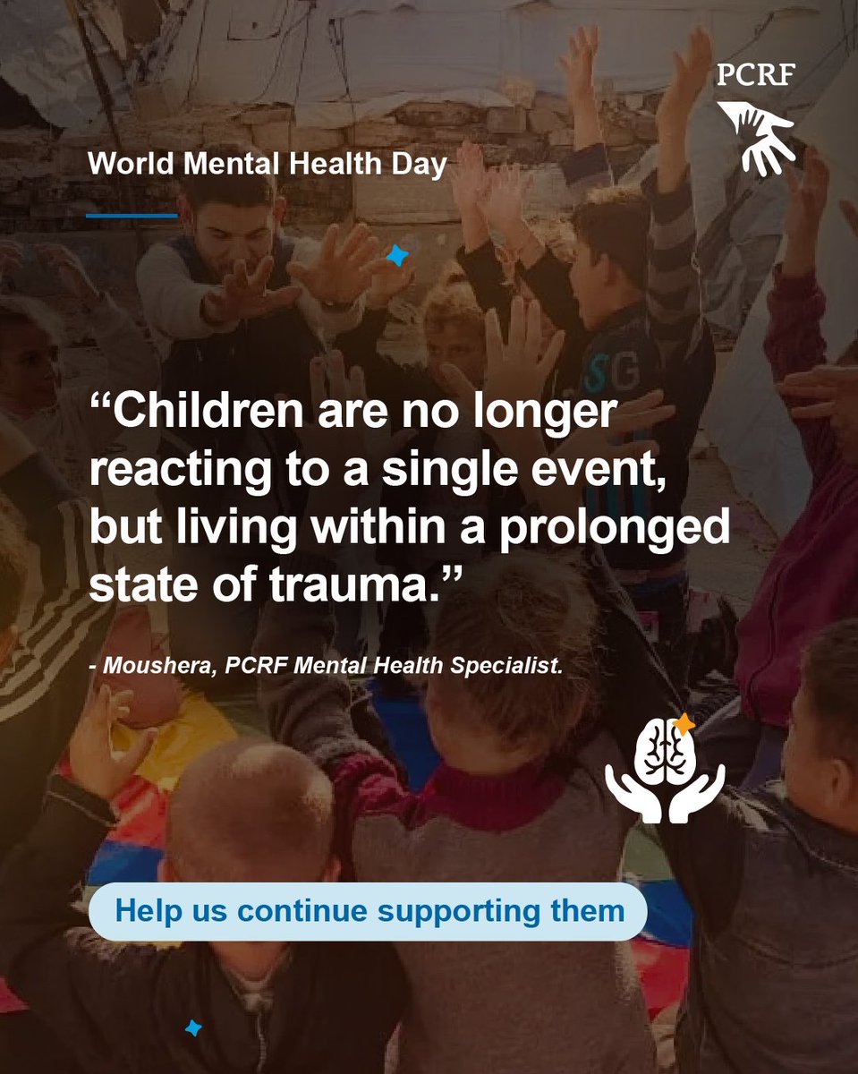 ThePCRF's tweet photo. For Gaza’s children, the trauma does not end when the immediate danger passes.

After years of fear, displacement, loss, injury and uncertainty, children are living with the psychological impact of a crisis that continues to shape their daily lives.

On #WorldMentalHealthDay, we recognize the extraordinary work of PCRF’s mental health teams in Gaza, who continue to stand beside children and families — providing psychological support, safe spaces, and care designed to help children cope, recover and reconnect with a sense of safety and hope.

Mental health care is not secondary to recovery. It is an essential part of helping Gaza’s children heal.

Your support helps us continue this critical work.