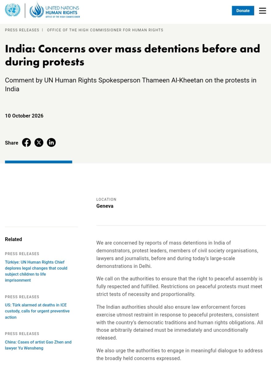 sidhant's tweet photo. UN Human Rights Spokesperson

"We are concerned by reports of mass detentions in India of demonstrators, protest leaders, members of civil society organisations, lawyers and journalists, before and during today’s large-scale demonstrations in Delhi" https://t.co/rKheuXAbZH
