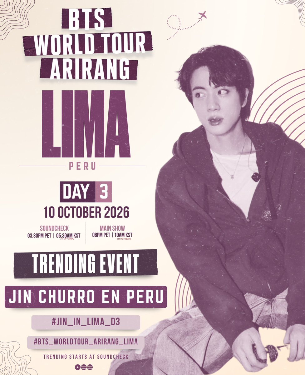 hourjinnie's tweet photo. Today is the last day of BTS in Peru! 🇵🇪  Let’s see what Jin has in store for us! 

Drop tags 🏷️ 

JIN CHURRO EN PERU
#JIN_IN_LIMA_D3
#BTS_WORLDTOUR_ARIRANG_LIMA https://t.co/dzhKnA8dVt