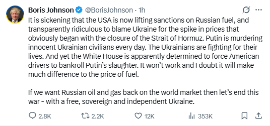 YourAnonCentral's tweet photo. Former UK Prime Minster Boris Johnson on traitor Trump buying Russian oil:

 "The Ukrainians are fighting for their lives. And yet the White House is apparently determined to force American drivers to bankroll Putin’s slaughter." https://t.co/HcrFQLd8GN