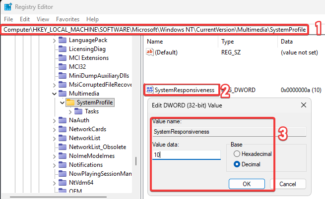 EvolveOpt's tweet photo. This one registry tweak instantly improves your latency and system responsiveness 🚀

1️⃣ Open regedit &amp; paste:
HKLM\SOFTWARE\Microsoft\Windows NT\CurrentVersion\Multimedia\SystemProfile
2️⃣ Double-click SystemResponsiveness
3️⃣ Set to Decimal 10, restart PC

Evolve does it free👇 https://t.co/ZKkWQvLOeo