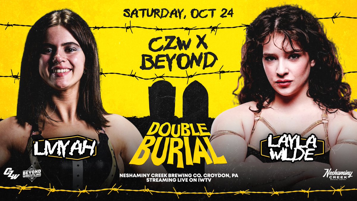 beyondwrestling's tweet photo. BREAKING: @MysteryWrestlin's @Laylawildee debuts 🆚 @liviyahpw 2 weeks from today at @combatzone x #BeyondWrestling "Double Burial" on Saturday 10/24 at @NCBCBeer in Croydon, PA!

Only a few front row seats remain: https://t.co/9VVK1387cM

Plus @RealNixonNewell 🆚 @BloodyMickie! https://t.co/RqigHd6v8L