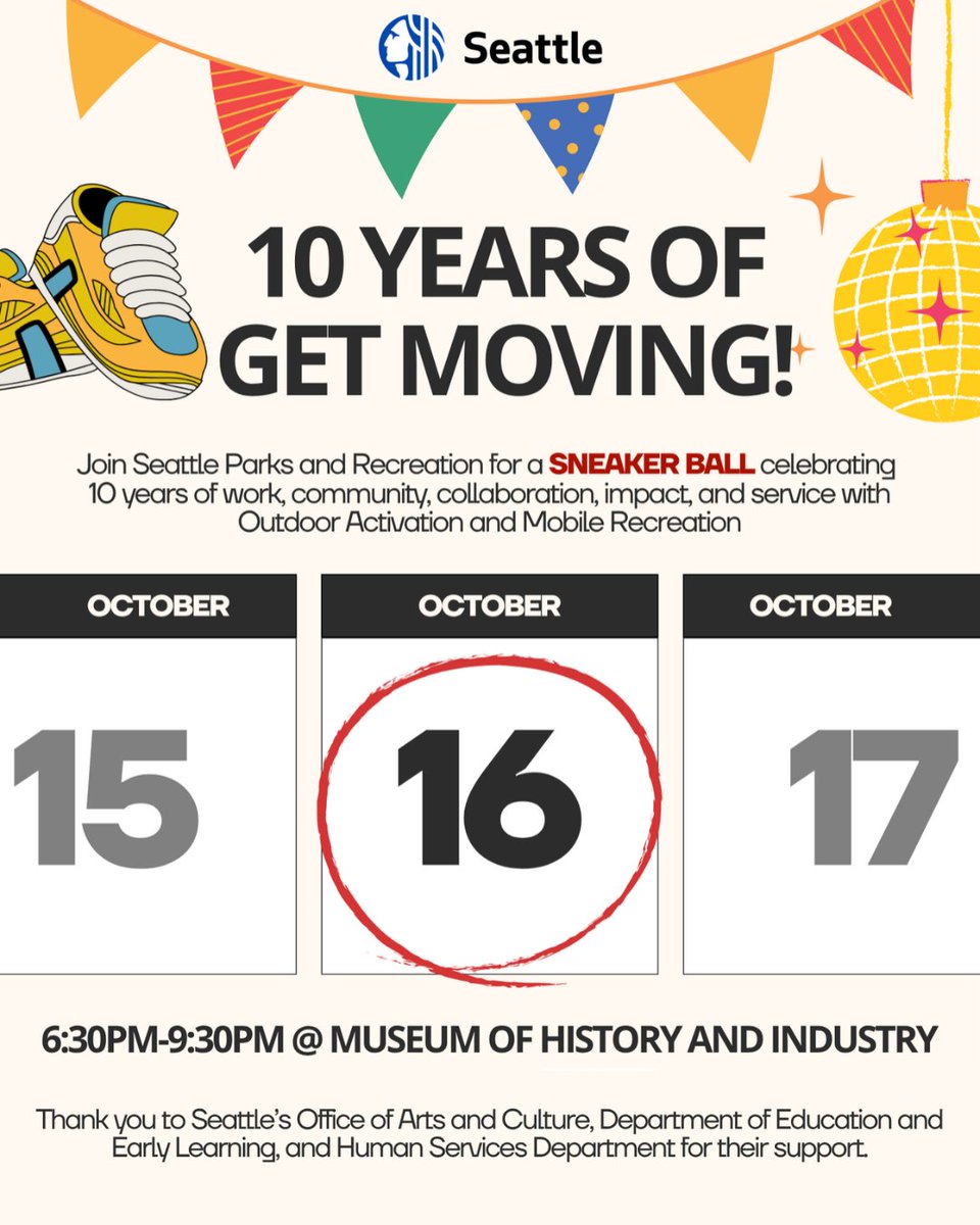 SeattleParks's tweet photo. We're celebrating 10 years of Get Moving! Join us for the  FREE on October 16, from 6:30-9:30 PM, at Museum of History &amp; Industry: 860 Terry Ave N, Seattle, WA 98109.

Come ready to impress, in your best sneakers and celebration attire. RSVP Today! https://t.co/GJrT8UL9WC https://t.co/n72mXCpcfJ