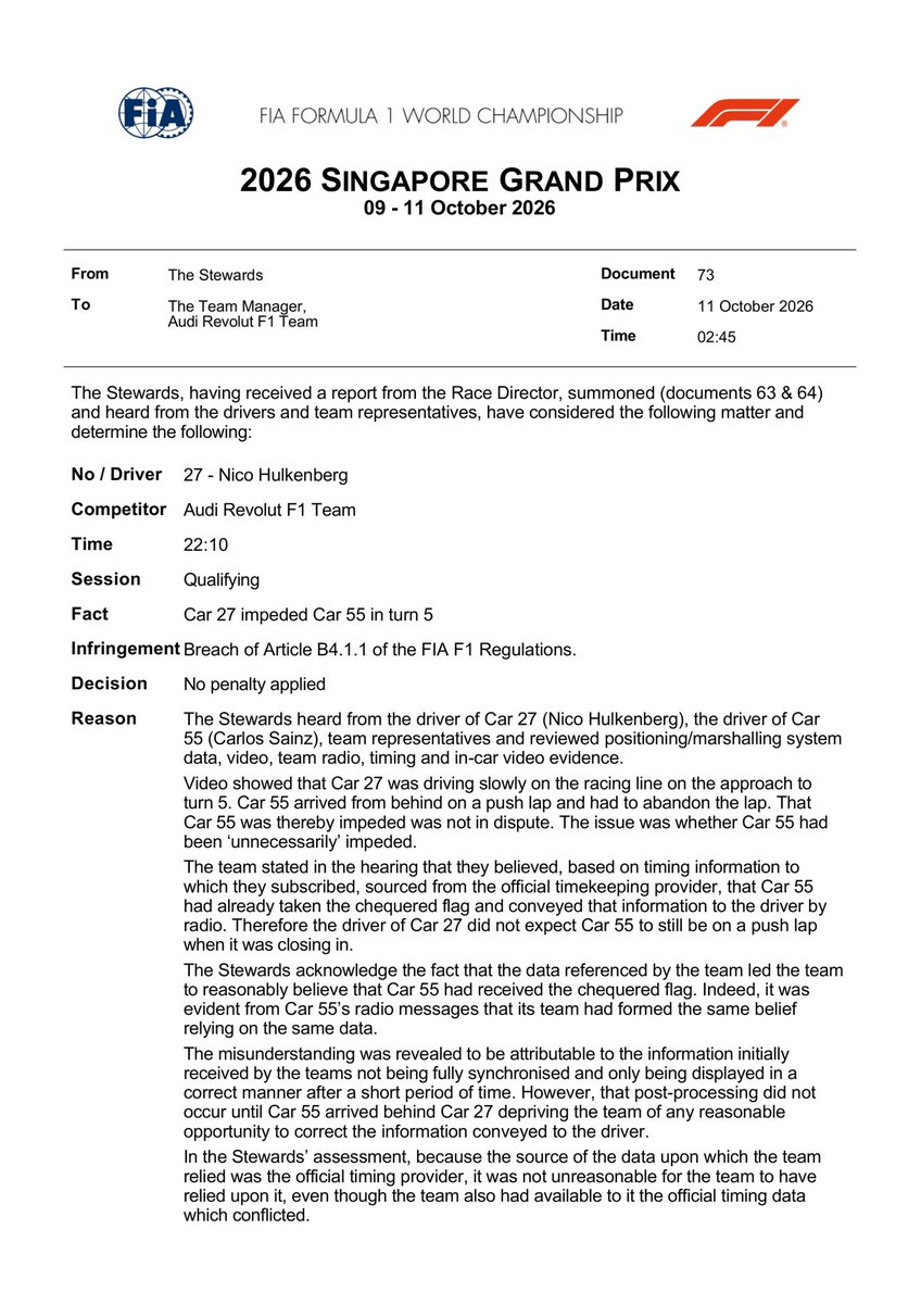 victorabadf1's tweet photo. Salgo a tomar una cerveza y vuelvo a casa con otro magnífico documento de la FIA.

Confirman que Sainz sufrió impeding por parte de Hülkenberg, pero como falló el Timing (OTRA VEZ) y Audi (y Williams) pensaba que Sainz no estaba en vuelta, no sancionan por ser fallo del sistema. https://t.co/vT9eIcVH4I