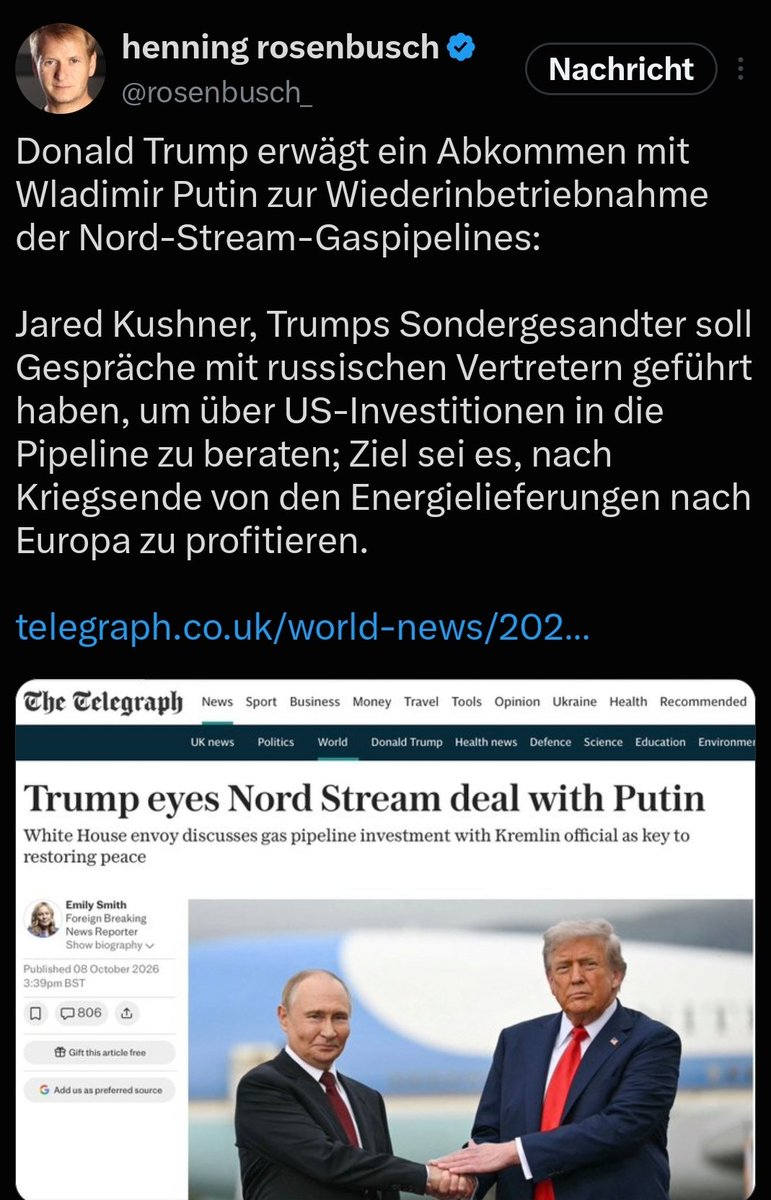 Mutz791's tweet photo. Aufmerksame Zuschauer des Dachthekenduetts werden jetzt wenig überrascht sein, haben wir diese Entwicklung doch schon vor Monaten exakt so skizziert. 
Ich zieh mir jetzt nochmal den Aluhut auf und prognostiziere einen ungewöhnlich kalten Winter. Irgendwie kriegen die das schon hin. Nord-Stream geht dann irgendwann Ende Januar/Anfang Februar in Betrieb. Die bedingslose Kapitulation der Ukraine erfolgt dann kurze Zeit später. Selenskyj wird verhaftet und an die Russen verkauft. In Sibirien kommt er dann vor Strafgefangenen erneut als Pimmelpianist zum Einsatz. Und als Prostituierte. In Deutschland wird Friedrich Merz sein Werk vollendet und die CDU zertrümmert haben. In Umfragen findet man sie nur noch unter den Sonstigen, irgendwo zwischen Tierschutzpartei und WerteUnion. Merz selbst versucht in seiner Propellermaschine das Land zu verlassen und scheitert. Irgendjemand hat seinen Tank mit Wasser betankt. Eine wütende Meute aus pleite gegangenen Unternehmern wird ihm habhaft und will ihn ebenfalls an Russland verkaufen. Die wollen ihn nicht, stattdessen schlagen die Amerikaner zu. Merz dient fortan als Sparingpartner für Schwergewichts-MMA-Kämpfer. Die Trainingseinheiten mit ihm werden live bei Youtube gestreamt. Die Werbeeinnahmen sanieren nach nur 6 Monaten den US-amerikanischen Haushalt. Derweil bricht hierzulande ein neuer Bauboom aus: Ein Konsortium aus Wohnungsbaugesellschaften schließt sich zusammen und errichtet gemeinsam eine Mauer um Berlin. Gleichzeitig werden Hochwege angelegt, die die ganze Stadt umspannen. Sie dienen Besuchern aus aller Welt, die Stadt zu begehen ohne mit den Zoo-Insassen in Berührung zu kommen. An den Knotenpunkten werden Automaten aufgestellt, dort können die Besucher Tofuwürfel und Matetee-Trinkpäckchen erwerben, um die Zoo-Insassen damit zu füttern. Für die Kinder gibt es Spritzkanonen am Geländer der Hochwege, gefüllt mit einer nach Urin riechenden Flüssigkeit. Die Zoo-Insassen können damit beschossen werden. Nur wenige Wochen nach Inbetriebnahme des Hochweg-Parkours ist genug Münzgeld zusammen, um Berlin gleich nebenan nochmal neu zu bauen. In schön. 
Insgesamt entwickelt sich die Situation ab Juni ganz erfreulich. Um auch NRW, RLP, dem Saarland, BW und der Schweiz einen Zugang zum Meer zu verschaffen, wird Frankreich weggebaggert. Die Chinesen sind nach drei Wochen fertig. Spanien, Andorra und Portugal sind jetzt eine Insel. Der Aushub wird zwischen BW und New York in den Atlantik gekippt, es entsteht ein 38-spuriger Super-Highway zwischen den  Kontinenten. Ach ja. Die Habsburger haben hierzulande wieder übernommen. In den Schulen werden den Schülern im Staatskundeunterricht Fotos und Lebensläufe von Grünen präsentiert. Eine Art Umerziehung. Nie wieder soll "Demokratie" als gangbares politisches System begriffen werden. Alle Schüler verstehen es und bekommen eine Eins. Deutschlandweit. 
Ende Oktober wird dann der Weihnachtskatalog von Otto an alle deutschen Haushalte verschickt. Endlich sind wieder Gewehre im Angebot ...
Was danach geschieht, kann ich jetzt noch nicht genau erfassen. Ich hab aber ein gutes Gefühl. "Last Christmas" wird jedenfalls wieder die Charts stürmen und "Diner for One" wird Silvester die Leute an die Bidschirme ziehen ...