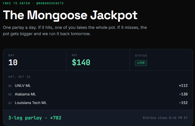 MongooseBets's tweet photo. Day 10:    Pot = $140               
Hits → one of you takes all $140                             
Misses → $150 tomorrow        

Repost + Comment to enter.                                     

Note:  Got these odds on Fanduel with 50% Boost https://t.co/KtMnHX3kfb