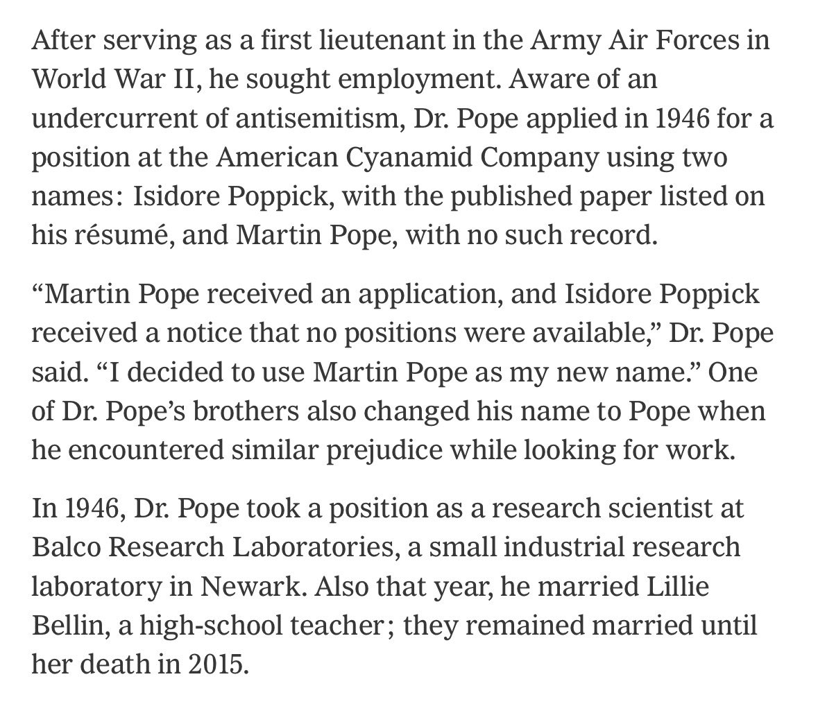 Ghitelman's tweet photo. The best Jewish name change story I’ve seen comes from this New York Times obituary. 

My friends’ grandfather A/B tested his last name. In a job search a Christian last name got a call back, a Jewish one didn’t. And the most Christian name he could think of was Pope. https://t.co/CbiZx2plrS