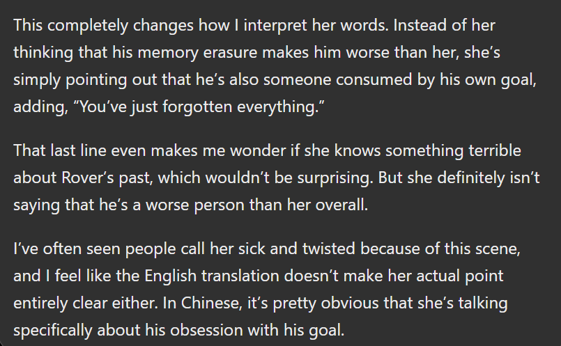 Elena_VVei's tweet photo. One thing I didn’t understand in 2.5 was her accusation that Rover was “worse.”
In a more accurate translation, I realized that she wasn’t saying he was worse than her overall as a person. She was saying that he was simply more obsessed with his goal than she was. https://t.co/aMcfyLrI4j